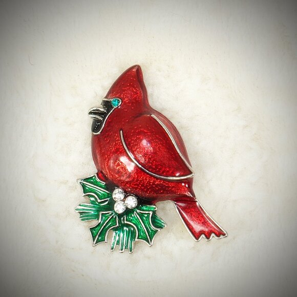 Red cardinal pin brooch with green leaves and crystals and green crystal eye - Picture 5 of 5